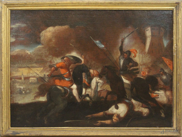 Pittore del XVIII secolo, Battaglia tra turchi e cristiani, olio su tela, cm 72x99, entro cornice.