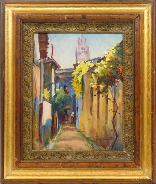 Vicolo, olio su cartone, cm 24x18, firmato, entro cornice.