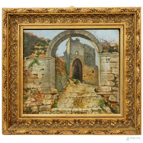 Pio Joris (1843-1921) attr a., Vico nel Lazio, olio su tavola, cm 27x30,5, entro cornice.