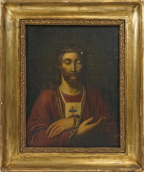 Pittore del XIX secolo, Ecce homo con croce dell'Ordine della Santissima Trinità, olio su tela, cm 48x37, entro cornice, (cadute di colore). 