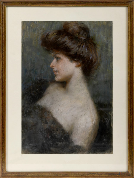 Giovanni Trussardi Volpi (1875-1921), Profilo di donna, pastelli su carta, cm 41,5x28,5, entro cornice, (difetti)
