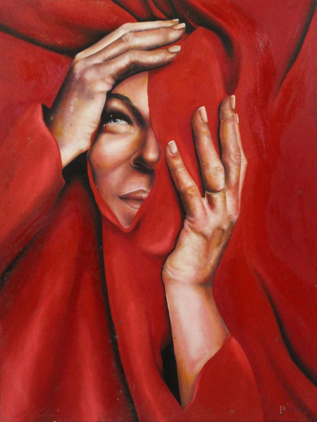 Sara Cordovana - Volto di donna con velo rosso, acrilico su cartone pressato, cm 100x75, firmato in basso a sinistra, (macchie diffuse)