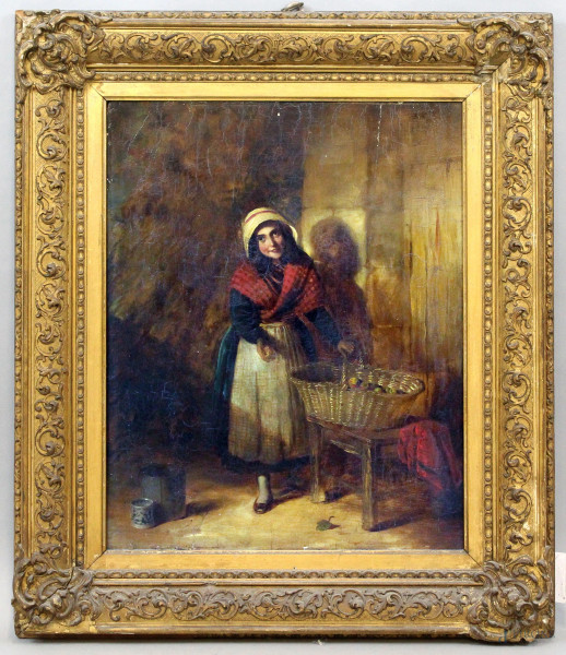 Fanciulla con cesta di frutta, olio su tavola, cm 53x40, XIX secolo, entro cornice