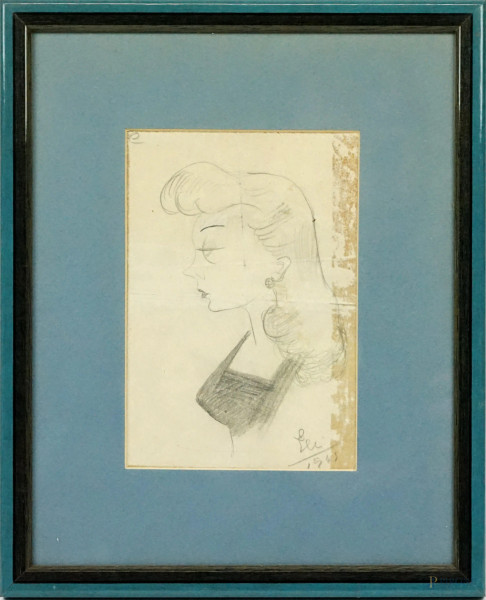 Profilo di donna, caricatura a matita su carta, cm 15x10 circa, siglato e datato, entro cornice, (difetti sulla carta).