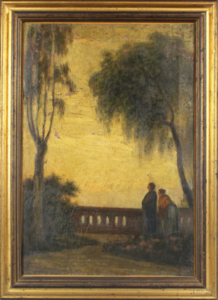 Terrazza con figure, olio su tela, cm. 55x38, firmato, entro cornice, (cadute di colore).
