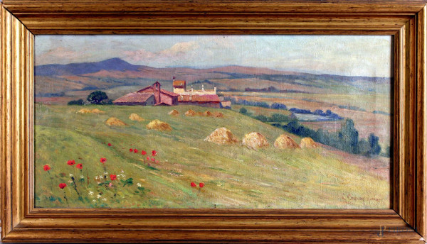 Lorenzo  Cecconi - Lorenzo Cecconi, paesaggio laziale con case e govoni, olio su tela, cm. 29x60, entro cornice.