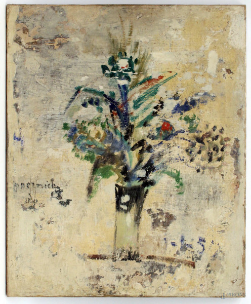 Natura morta con fiori, strappo da muro, datato 1959, cm 55 x 45.