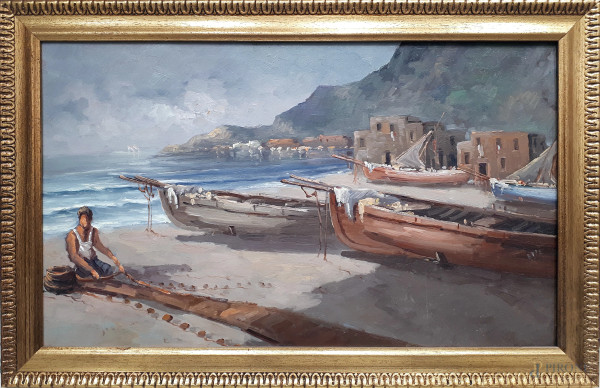 Scuola napoletana dei primi del Novecento Marina a Posillipo, olio su tavola, cm 30x50, con cornice Euro 40