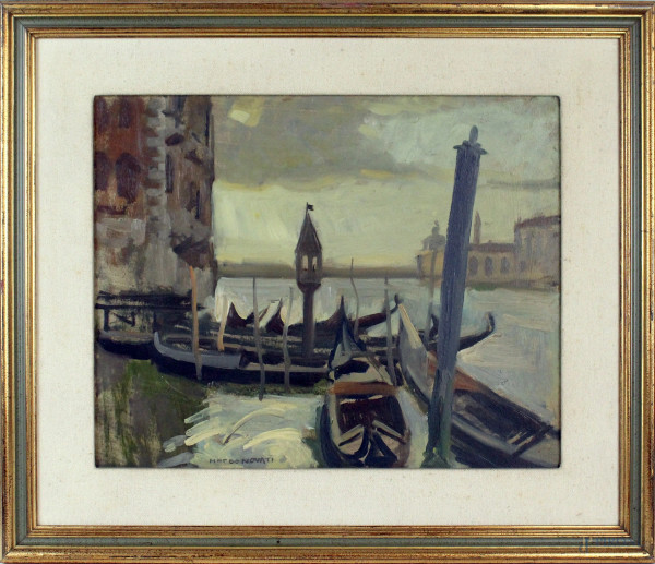 Marco Novati - Gondole a Venezia, olio su cartone, cm 35x43, entro cornice