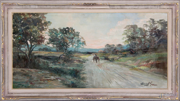 Paesaggio con carretto,olio su tela 58x119 cm,in cornice.