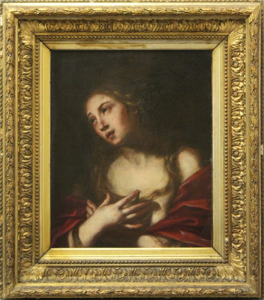 Madonna penitente, olio su tela, Scuola Italiana, XVII sec., cm 65 x 49, entro cornice.