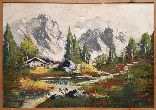 Artista del Novecento, Paesaggio alpino, 1947, olio su tela, cm 49x70, firmato in basso a sinistra, con cornice