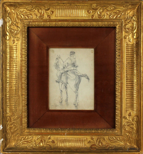 Figura a cavallo, disegno a matita su carta, cm 20x15, firmato, entro cornice
