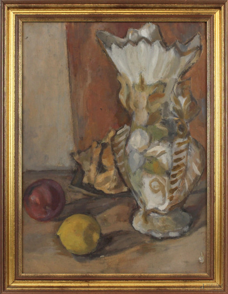 Natura morta, vaso e frutta, olio su tavola, cm 42x31, XX secolo, entro cornice