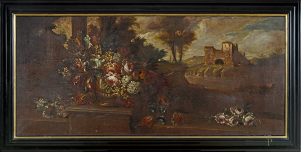 Paesaggio con natura morta, XX secolo, olio su tela, cm 60x135, (lievi abrasioni e piccola caduta di colore)