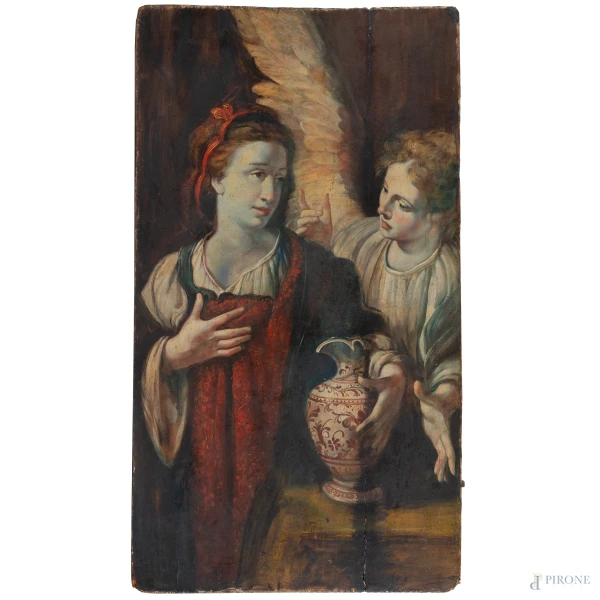 Agar e l'Angelo (da Bernardo Strozzi 1581-1644), XVIII secolo, olio su tavola, cm 98,5x54, (craquelure, fori di tarlo, cadute di colore, fessurazioni della tavola)