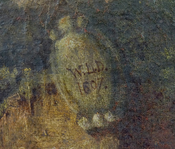 Paesaggio con rovine e figure in sosta presso una fonte, olio su tela, siglato e datato W.L.D 160...