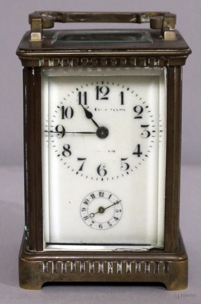 Orologio cappuccina in ottone e smalto, primi 900, h. 11 cm.