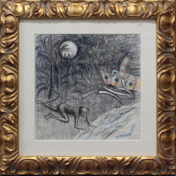 Enrico Benaglia - Figura con barca, pastello su carta, 25x25 cm, entro cornice con autentica