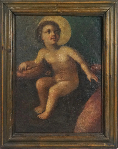 Pittore del XVII secolo, Gesù Bambino, olio su tela riportata su tavola, cm 48,5x37,5, entro cornice, (cadute di colore).