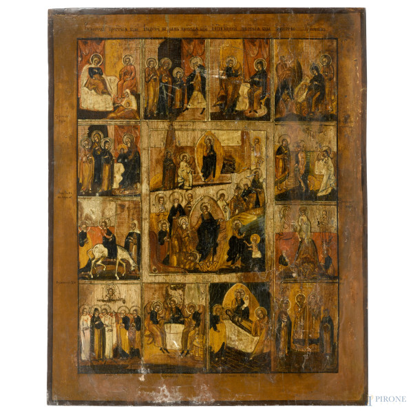 Icona raffigurante le 12 Festività, XIX secolo, tempera su tavola, cm 52x42, (segni di usura, sollevamenti e cadute di colore, abrasioni)