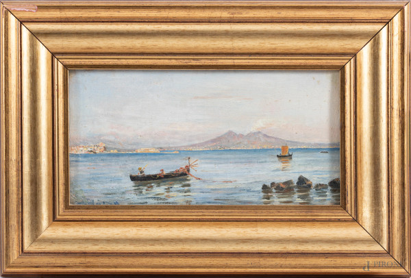 Marina con barca, XIX-XX secolo, olio su tela, cm 13x25, firmato in basso a sinistra, entro cornice, (lievi abrasioni)