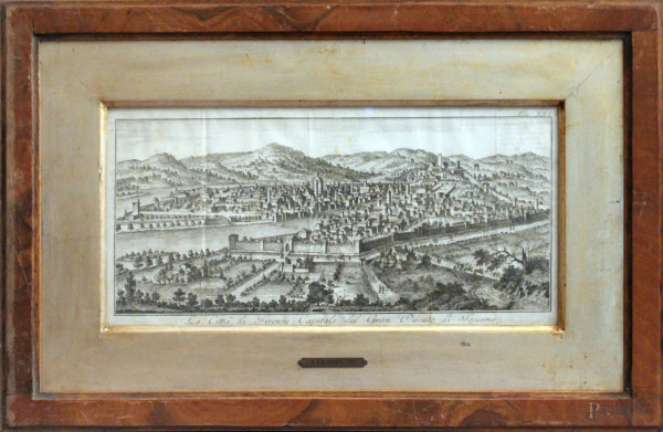 La citt&#224; di Firenze, capitale del Granducato di Toscana, acquaforte attribuita a Thomas Salmon, cm 18,5 x 38, entro cornice.