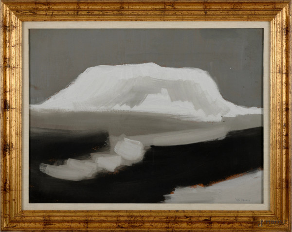 Paesaggio innevato, olio su tela, XX secolo, cm 60x80, entro cornice,  firmato in basso a destra, (difetti)