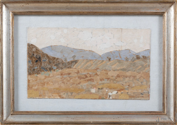 Paesaggio collinare, XX secolo, tecnica mista e collage su carta applicata su cartone, cm 25x43, firmato e datato 79 in basso a destra, entro cornice, (segni di usura, difetti)