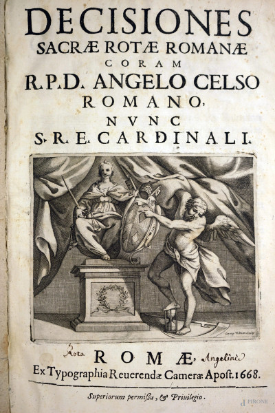 Volume "Decisiones Sacrae Rotae Romanae Coram R.P.D. Angelo Celso Romano […]", Ex Typographia Reverendae Camerae Apost., 1668, (difetti e macchie).