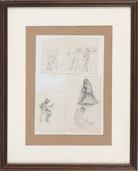 Studi di figura, XX secolo, 3 bozzetti a grafite su carta entro unica cornice, cm complessivi 48x38 compreso passepartout (ondulazioni della carta, segni di usura ai margini)