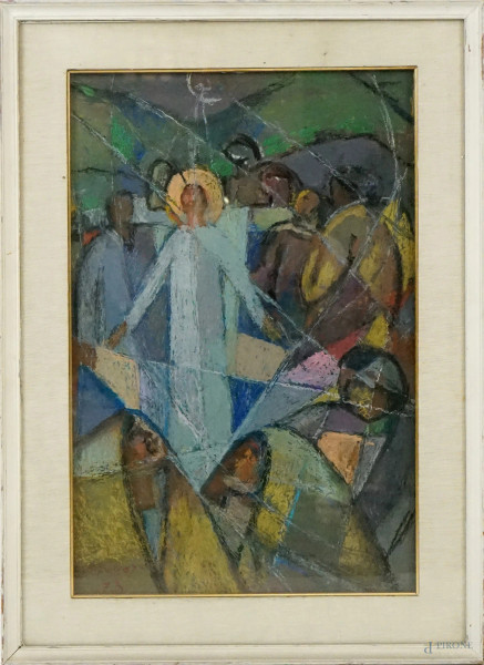 Cristo e gruppo in preghiera, olio su tavola, cm 62,5x45, firmato, entro cornice.