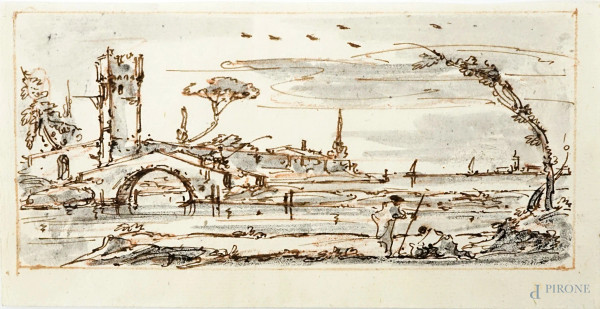Giuseppe Latini, detto il Maestro del Ricciolo - Paesaggio fluviale con ponte e astanti, penna e acquarello su carta, cm 9,3x18,3