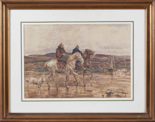 Ritorno uggioso, XX secolo, acquerello su carta, cm 37x54, firmato in basso a destra, entro cornice, (ondulazioni della carta)