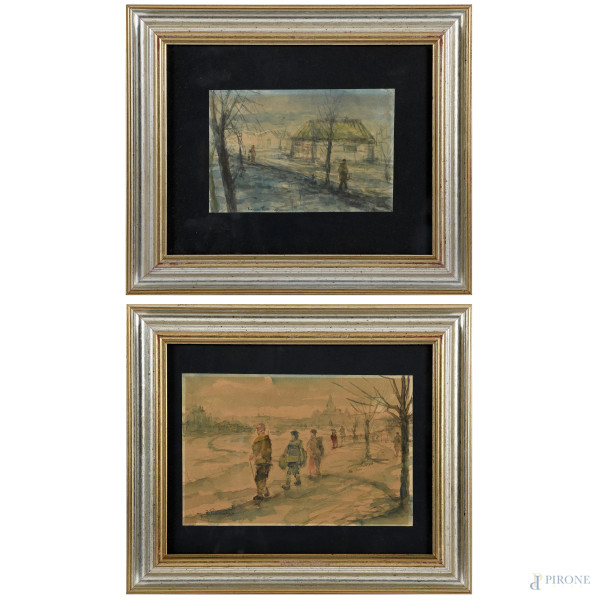Coppia di acquerelli su carta raffiguranti figure nel paesaggio, XX secolo, firmati e datati 1944 in basso a sinistra, cm 23,5x28,5 compreso passepartout, entro cornice