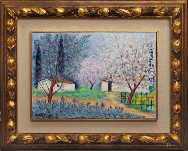 Michele Cascella - Casolari con alberi in fiore, olio su tela, 35x50 cm, entro cornice