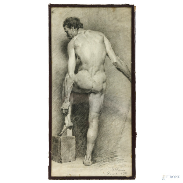 Nudo virile, carboncino su carta, cm 44,5x21,5, firmato e datato 