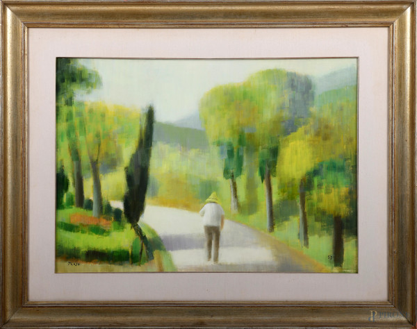 Fernando Troso (Lecce, 1910 – Roma, 1990), Uomo sul sentiero, olio su tela, cm 50x71, entro cornice, XX secolo, firmato in basso a sinistra 