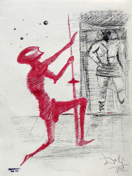 Disegno a tecnica mista, scena dal Don Chisciotte de la Mancha, firmato datato, cm 24,5x33. Provenienza Galerie Rive-Gauche, Parigi-Roma.