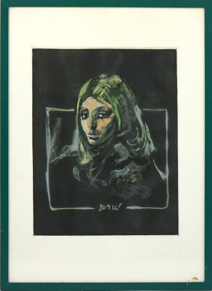 Alberto Sughi - Ritratto di donna, tecnica mista su carta, cm 69x49, entro cornice