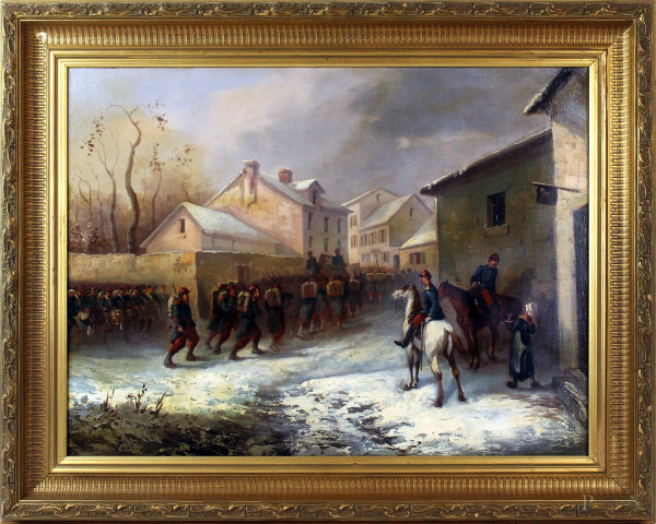 Pittore del XIX secolo, Soldati in città, olio su tela, cm 49x64,5, entro cornice