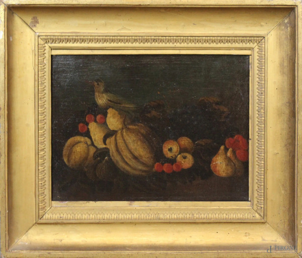 Pittore del XVIII secolo, Natura morta con frutta e volatile, olio su tela, cm. 37,5x49, entro cornice.