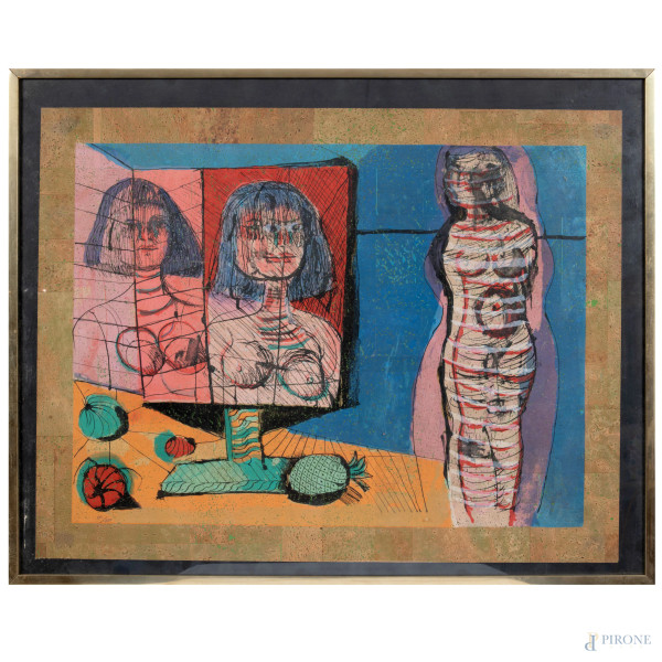 Bruno Cassinari, Figure femminili, serigrafia su carta sughero, es. XVI/XXV, timbro in brossura, cm 68x86 compreso passepartout, entro cornice