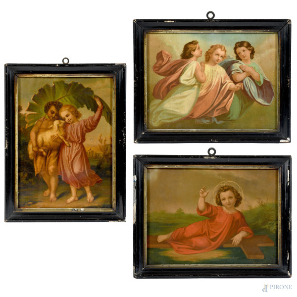 Lotto di tre stampe religiose su tela, XX secolo, cm 20x26, entro cornice (ondulazione del supporto, usura)