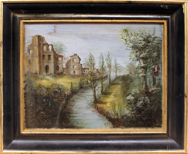 Paesaggio con rovine, olio su tela, XIX sec., cm 32 x 39, entro cornice.
