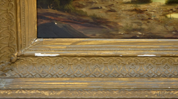 Veduta lacustre al chiaro di luna, olio su tela, fine XIX secolo, firmato in basso a destra, cm 6...