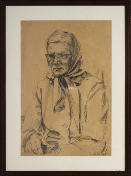 Ritratto d&#39;anziana, disegno a matita su carta 47x32 cm, firmato e datato, entro cornice.