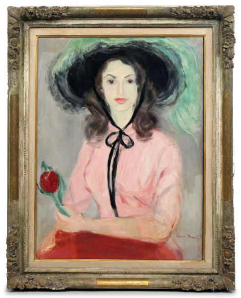 Omaggio a Claude Monet, Ritratto di donna con cappello e tulipano, olio su tavola, cm 80x59,5, entro cornice.