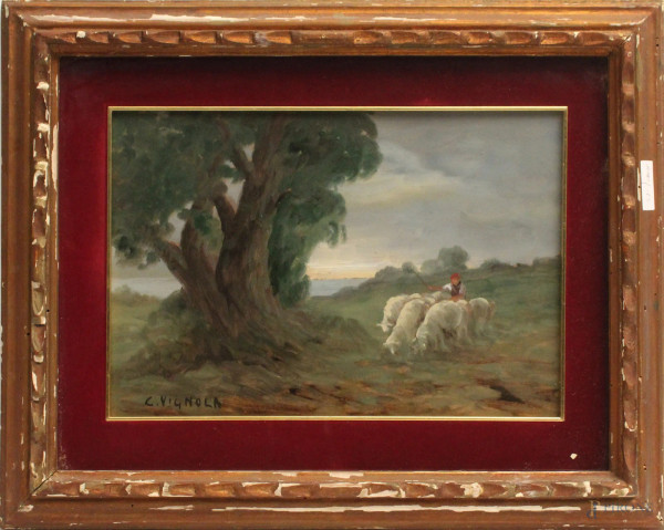 Paesaggio con pastorella e gregge, olio su cartoncino, cm. 23x34, firmato C. Vignola, entro cornice.