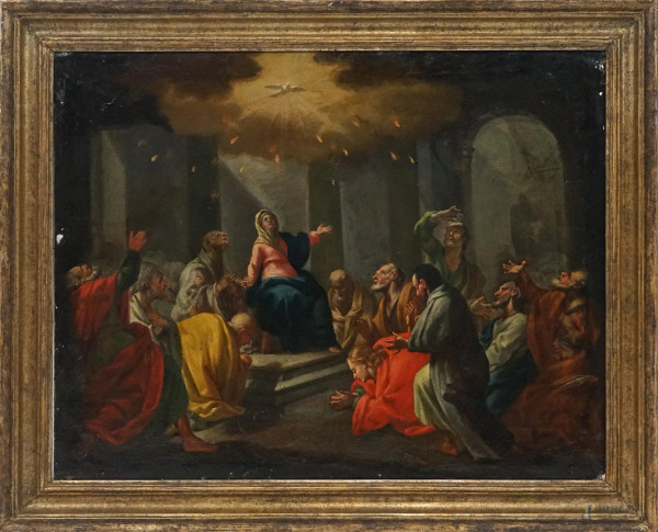 Pittore del XVIII secolo, La discesa dello Spirito Santo sulla Vergine e gli Apostoli in preghiera, olio su tela, cm 50x62,5, entro cornice.